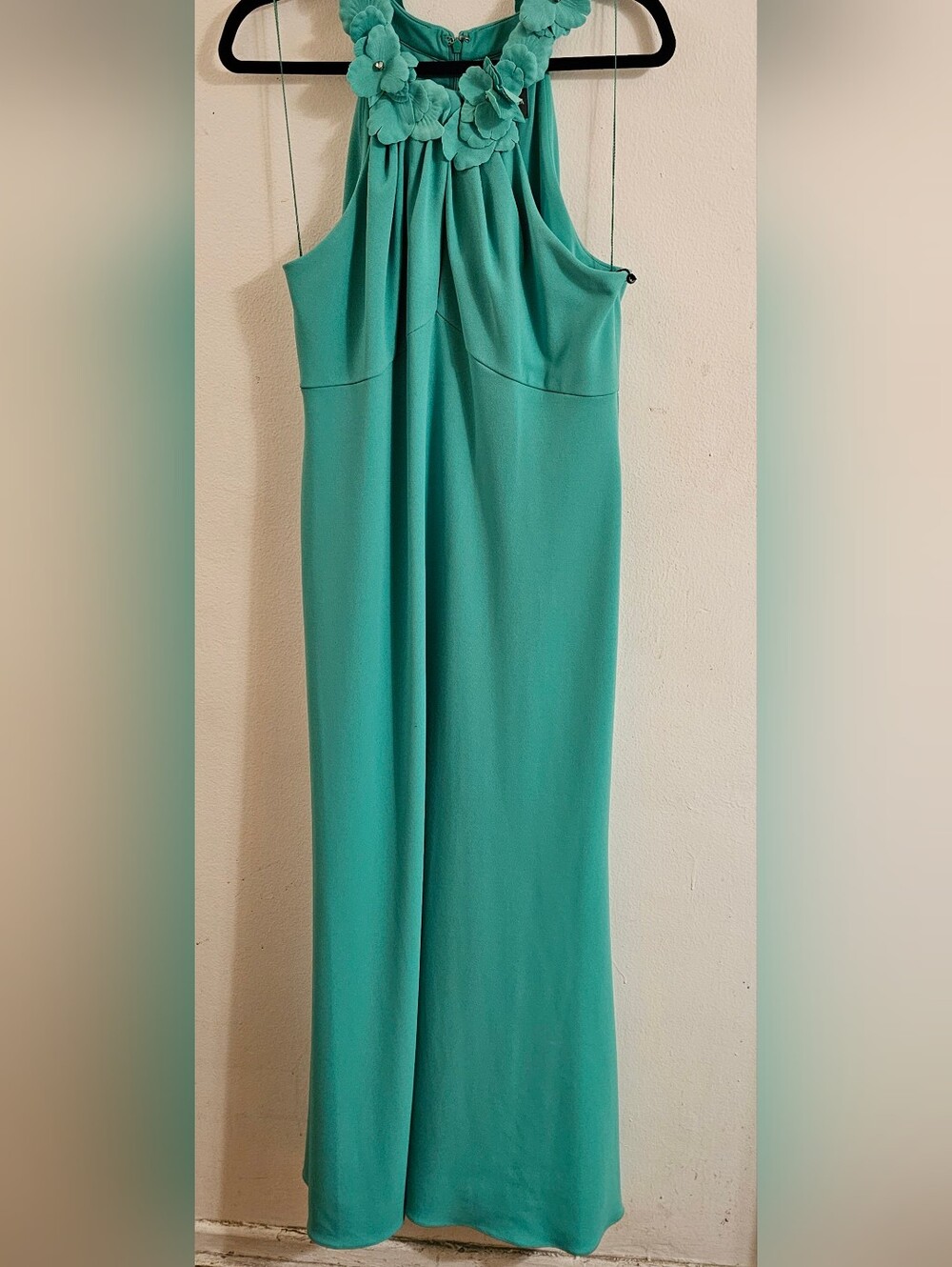 Adrianna Papell Teal Halter Maxi Dress with Floral Neckline - 14P